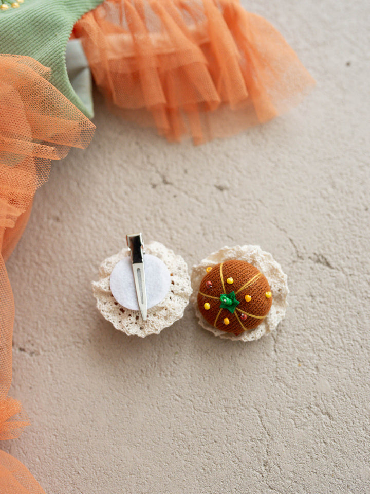 Baby Pumpkin cream lace hair clips with brown pumpkin buttons, pair - Before & Ever Kids