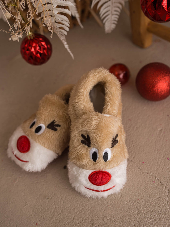 Baby Rudolph Slippers, tan fluffy reindeer slippers for babies with a red nose, front view - Before & Ever Kids