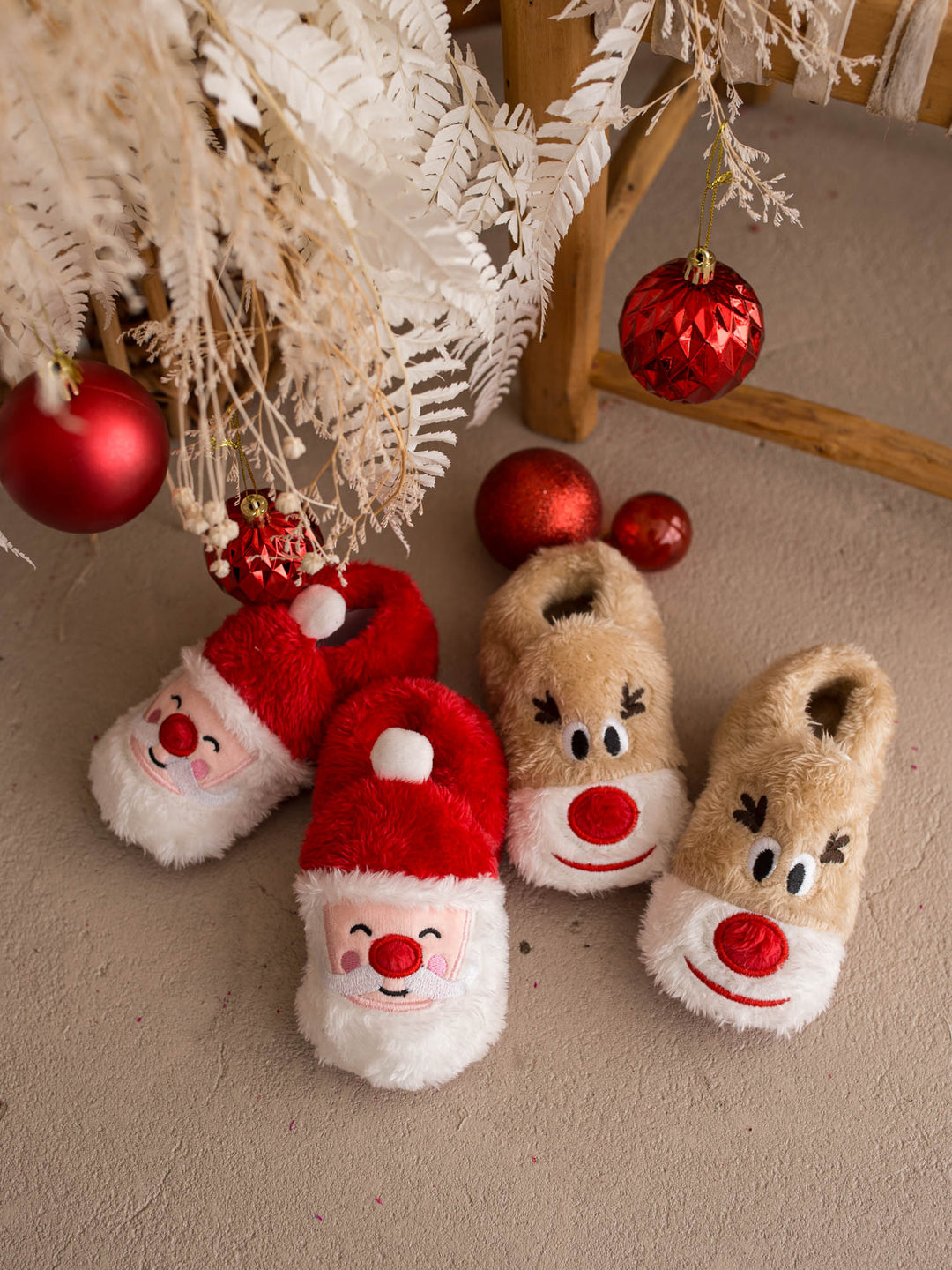 Baby Rudolph Slippers and Santa Baby Slippers with white baubles - Before & Ever Kids