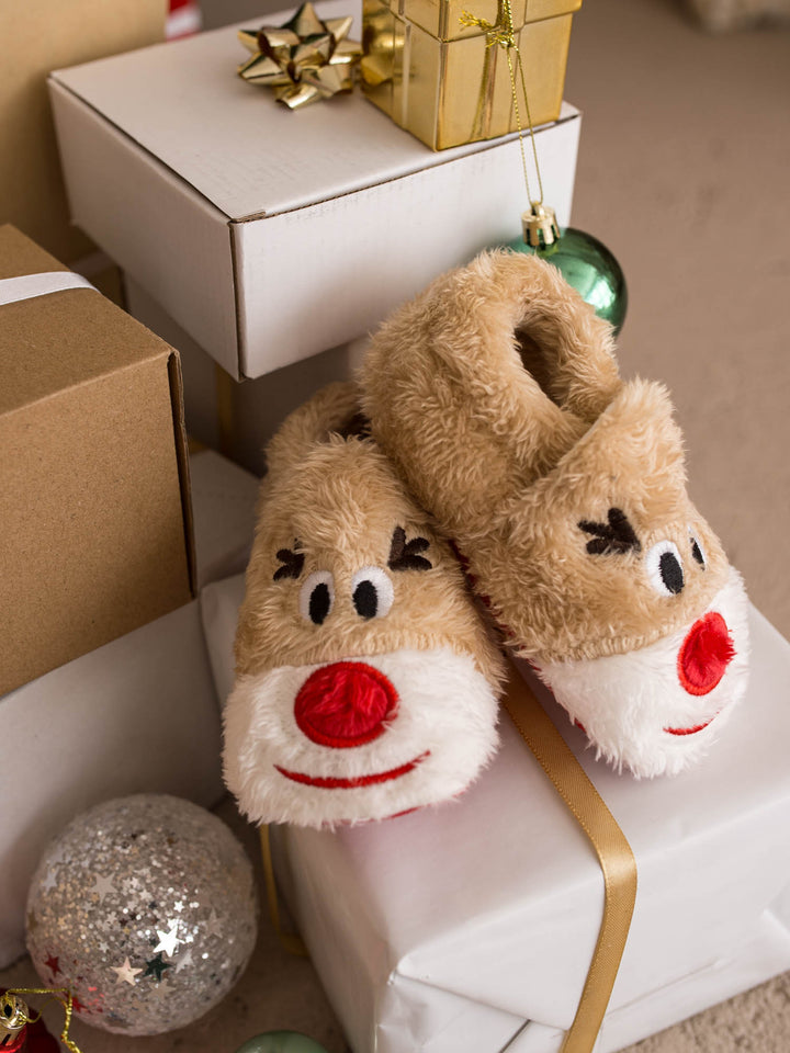 Baby Rudolph Slippers tan reindeer slippers on gift boxes - Before & Ever Kids