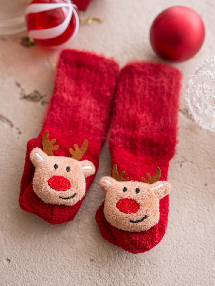 Baby Rudolph red fluffy baby socks, plush reindeer face with brown antlers and a red nose - Before & Ever Kids