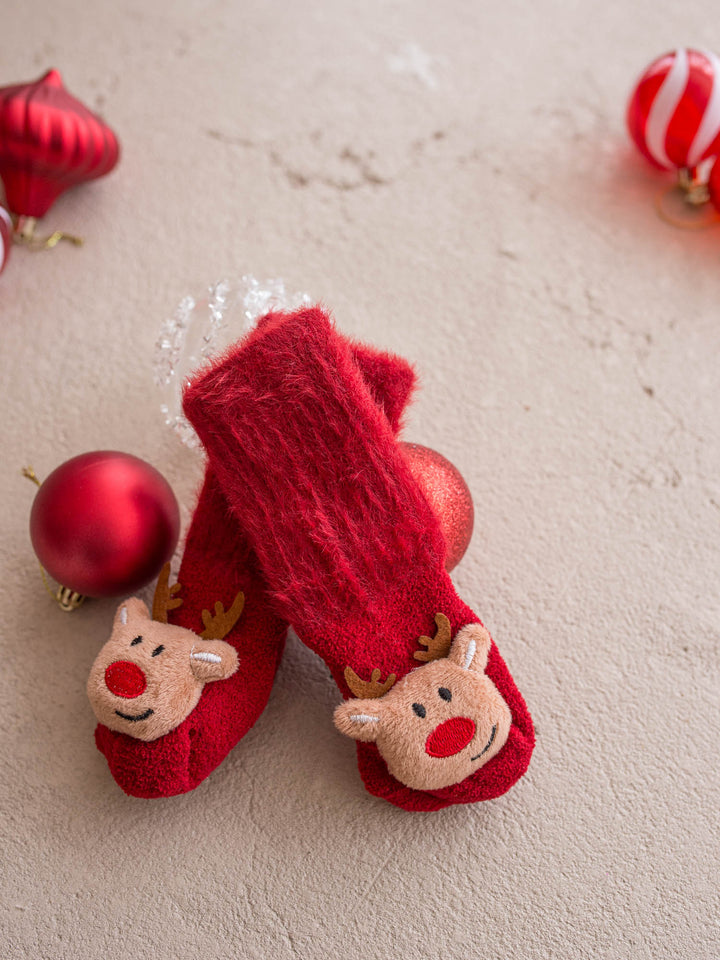 Baby Rudolph red fluffy baby socks, plush reindeer face with brown antlers and a red nose - Before & Ever Kids