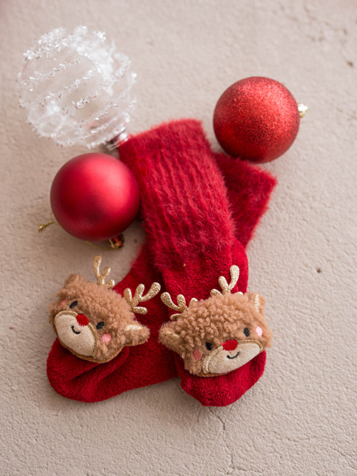 Baby Rudolph red fluffy baby socks, plush reindeer face with gold glitter antlers and a red nose - Before & Ever Kids