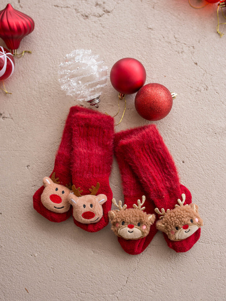 Baby Rudolph red fluffy baby socks, plush reindeer face with gold glitter antlers and a red nose - Before & Ever Kids