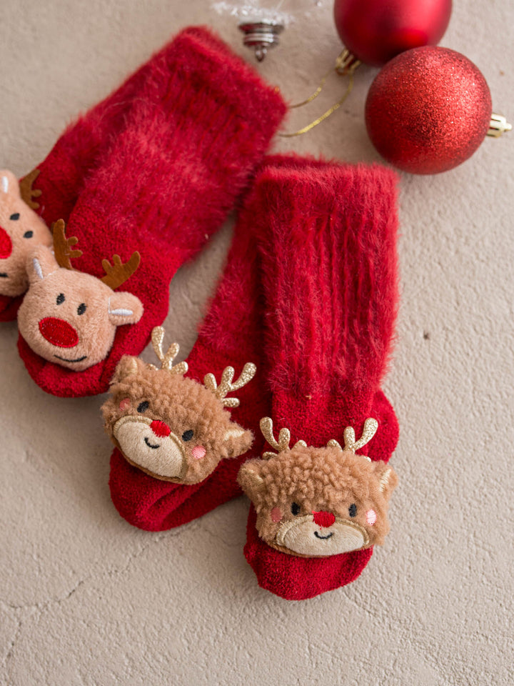 Baby Rudolph red fluffy baby socks, plush reindeer face with gold glitter antlers and a red nose - Before & Ever Kids