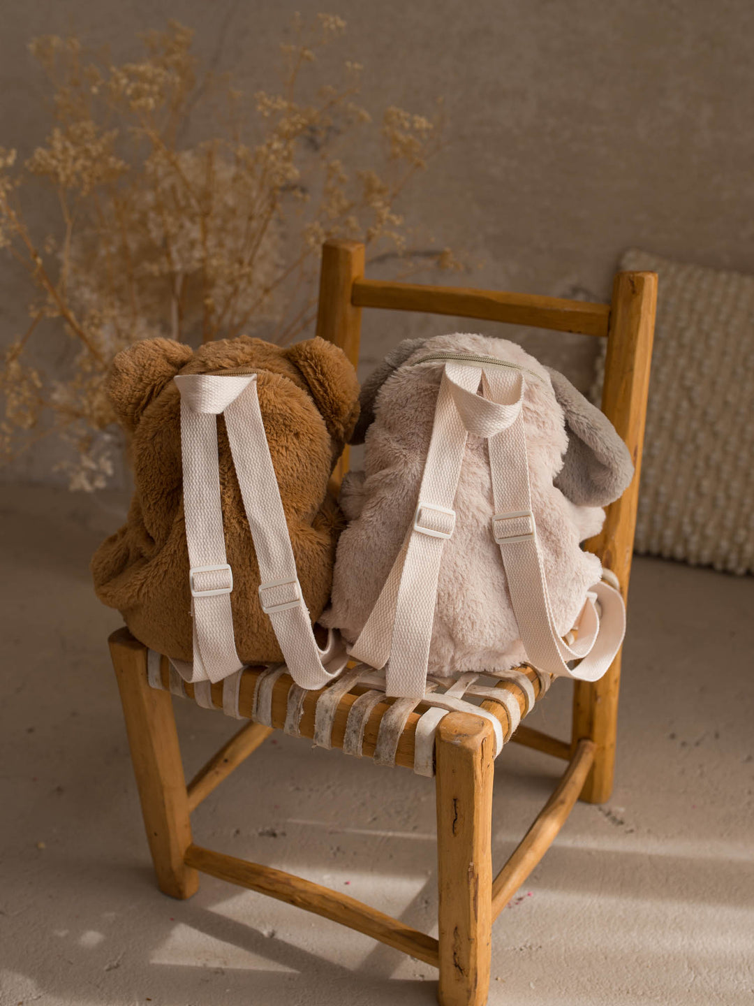 Beau the Bear plush backpack for kids, sidekick backpacks side by side from behind - Before & Ever Kids
