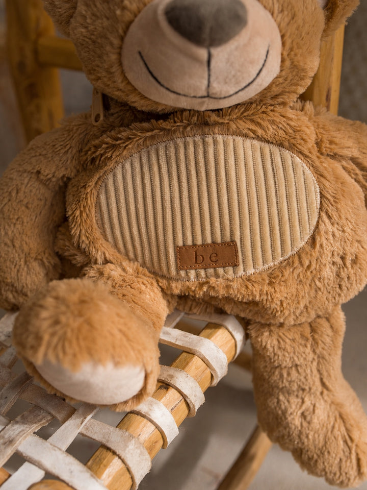 Beau the Bear plush backpack for kids, close up of the bear face and corduroy front - Before & Ever Kids