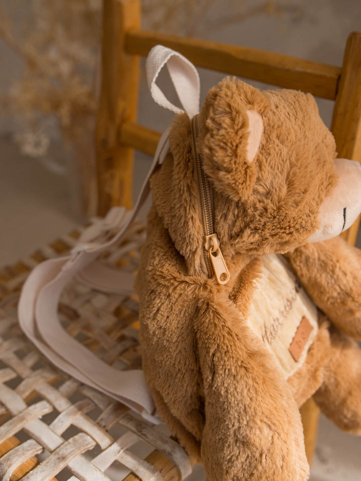 Beau the Bear plush backpack for kids, zip along the back opening into the lined compartment - Before & Ever Kids