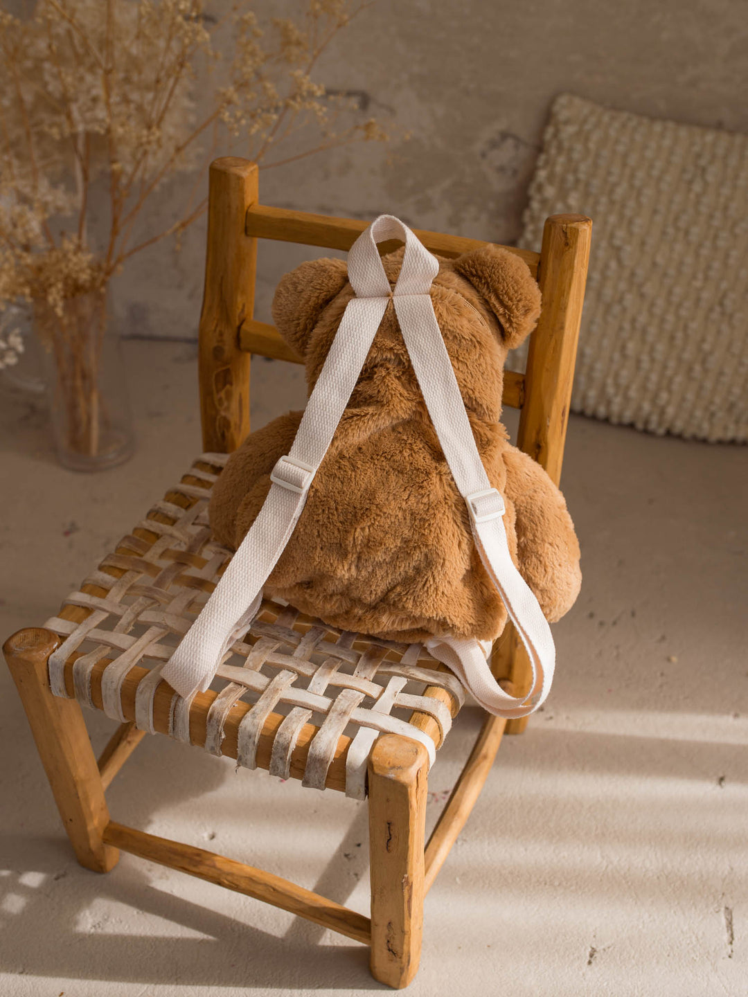 Beau the Bear plush backpack for kids, back view showing the adjustable straps - Before & Ever Kids