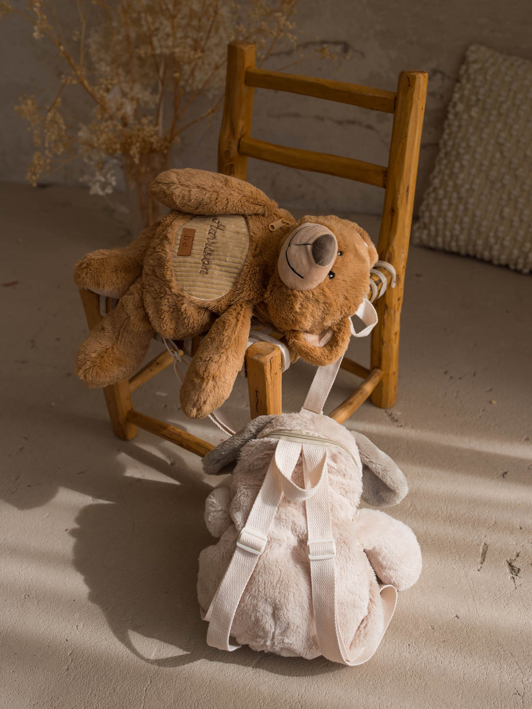 Beau the Bear personalised plush backpack for kids, two sidekick backpacks seen from behind - Before & Ever Kids