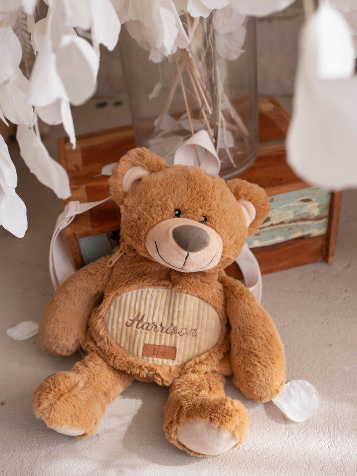 Beau the Bear personalised Little BFF Sidekick Backpack, seated, with the embroidered name on the corduroy tummy panel