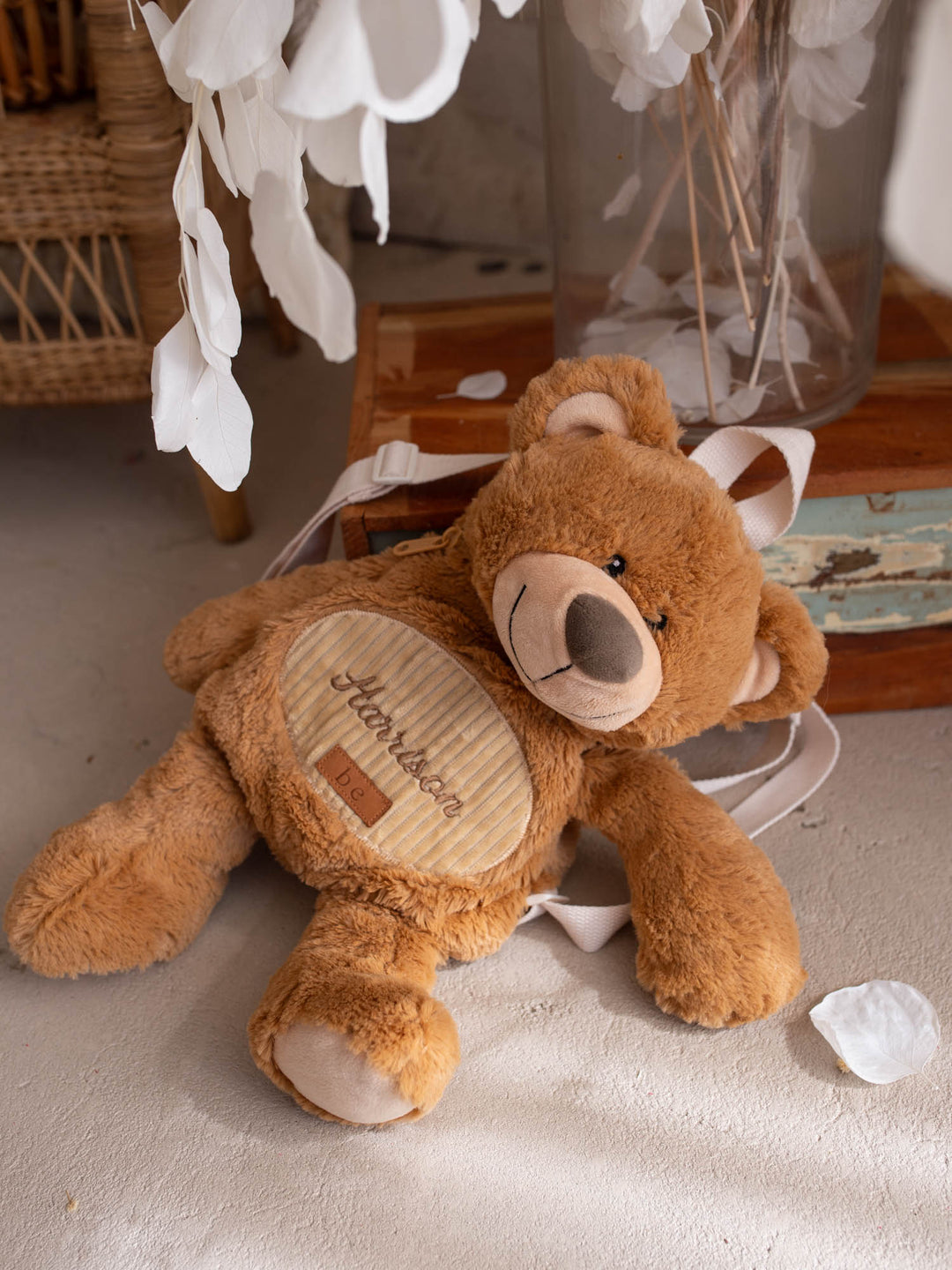 Beau the Bear personalised Little BFF Sidekick Backpack, front view with the embroidered name on the corduroy tummy panel