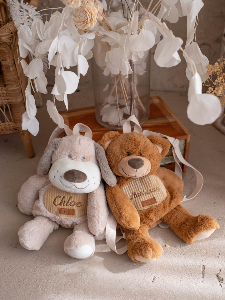 Beau the Bear personalised Little BFF Sidekick Backpack, shown alongside the other Little BFF sidekick backpack