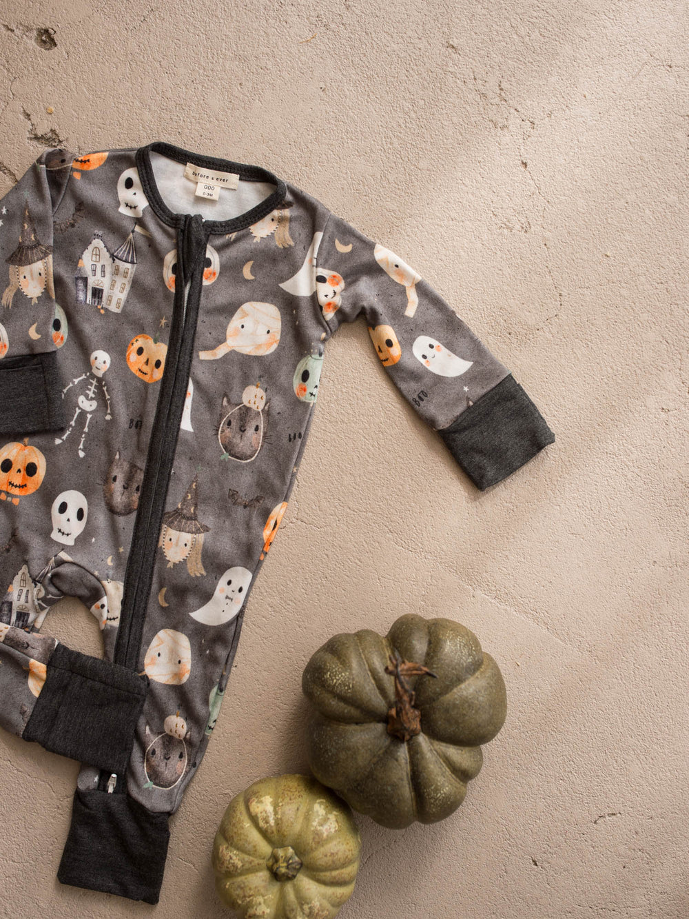 Boo Crew Halloween bamboo baby boy onesie flat lay showing full length and cuffed sleeves - Before & Ever Kids