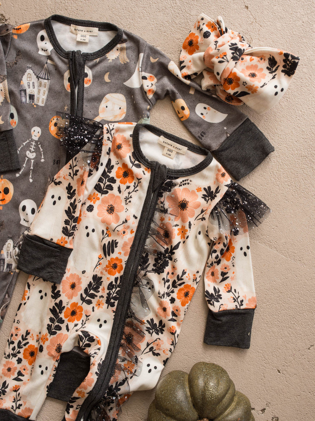 Boo Crew and Boo-quet Halloween onesies with matching topknot headwrap - Before & Ever Kids