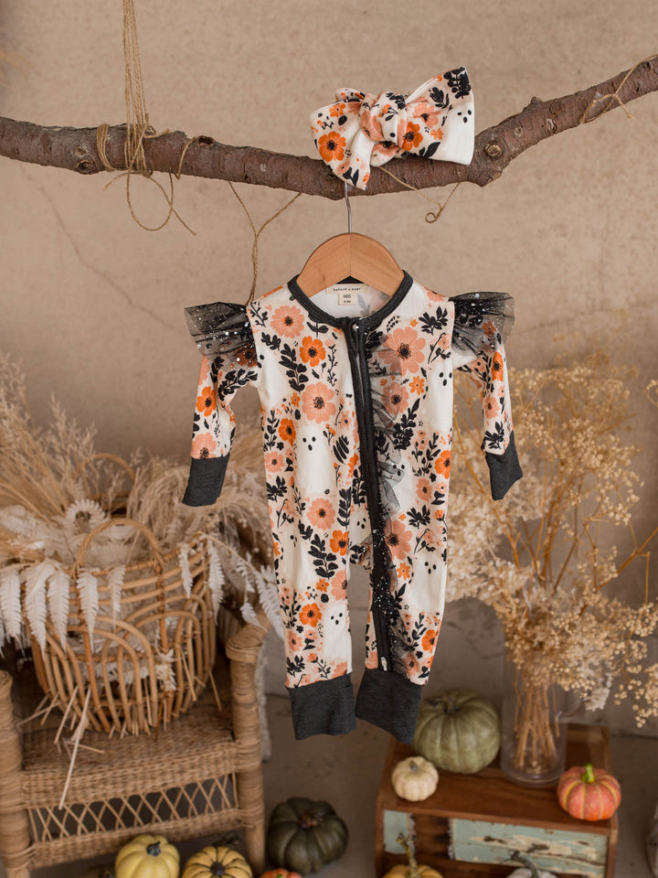 Boo-quet topknot headwrap styled with the matching Boo-quet Halloween onesie - Before & Ever Kids