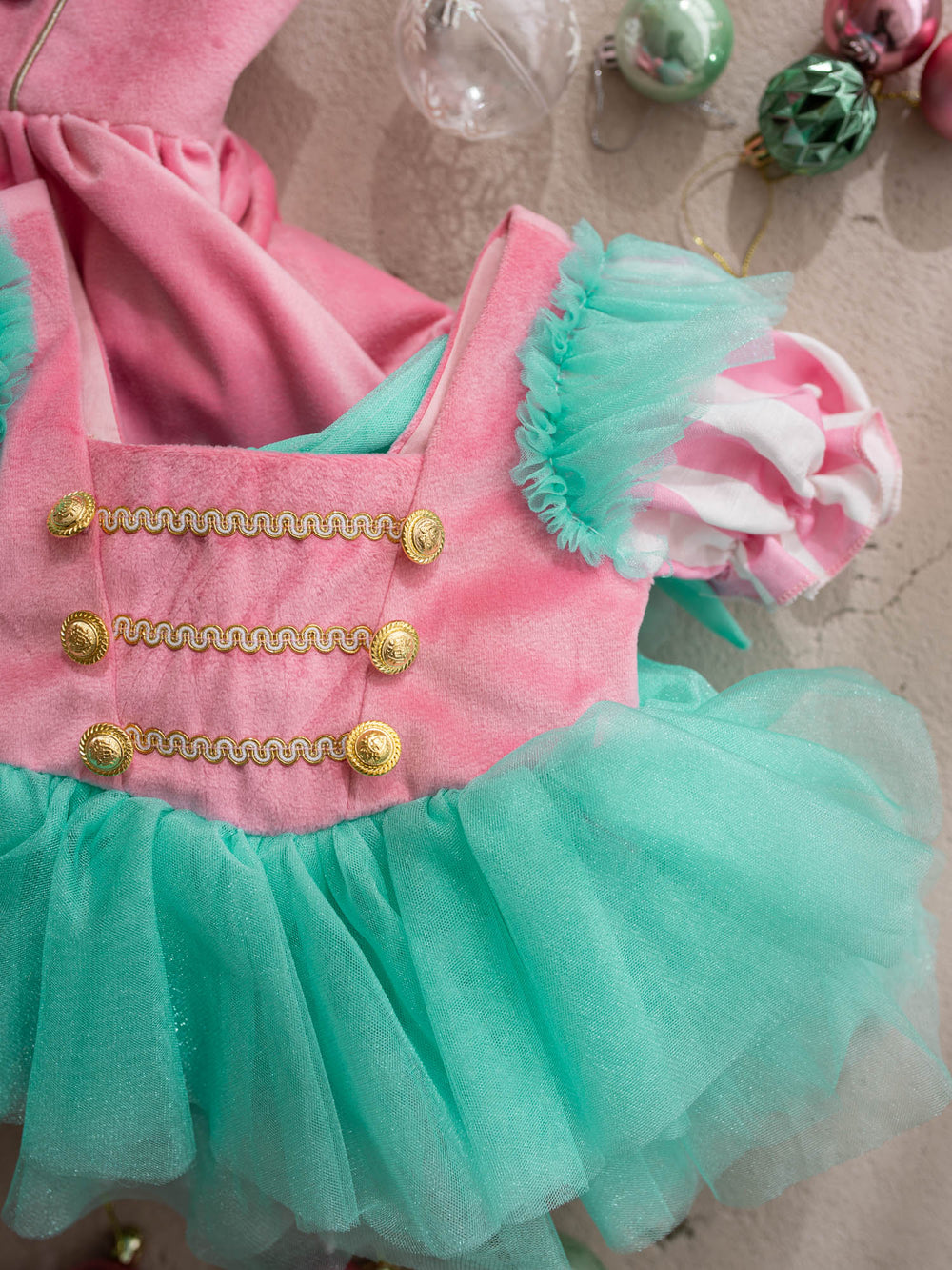 Candy Lane pink and mint pink velvet bodice with gold soldier buttons, candy stripe puff sleeves and a mint tulle tutu skirt - Before & Ever Kids