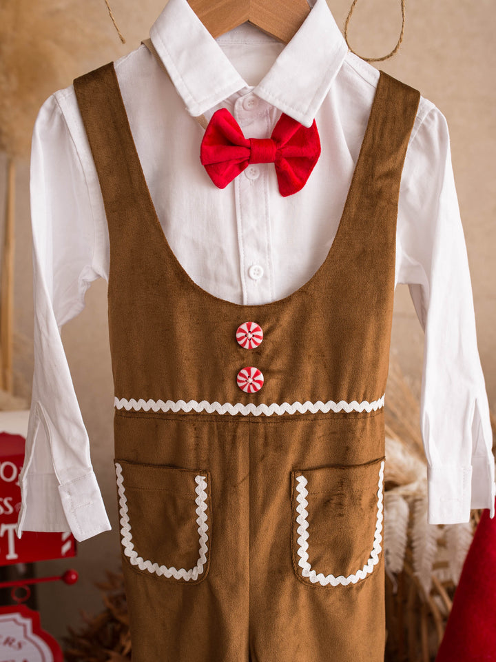 Catch Me If You Can caramel velvet boy overall, hanging with the white shirt and red bow tie - Before & Ever Kids