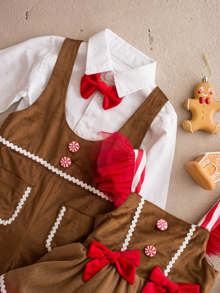 Catch Me If You Can caramel velvet boy overall, flat with the shirt, bow tie and a gingerbread dress - Before & Ever Kids