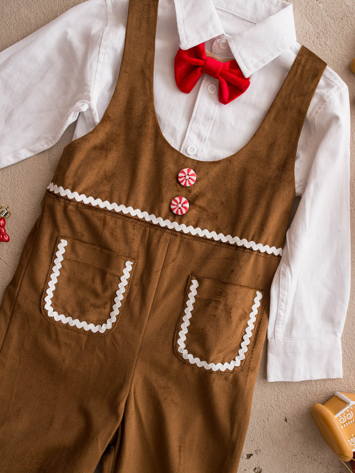 Catch Me If You Can caramel velvet boy overall, laid flat with the white cotton shirt and red velvet bow tie - Before & Ever Kids