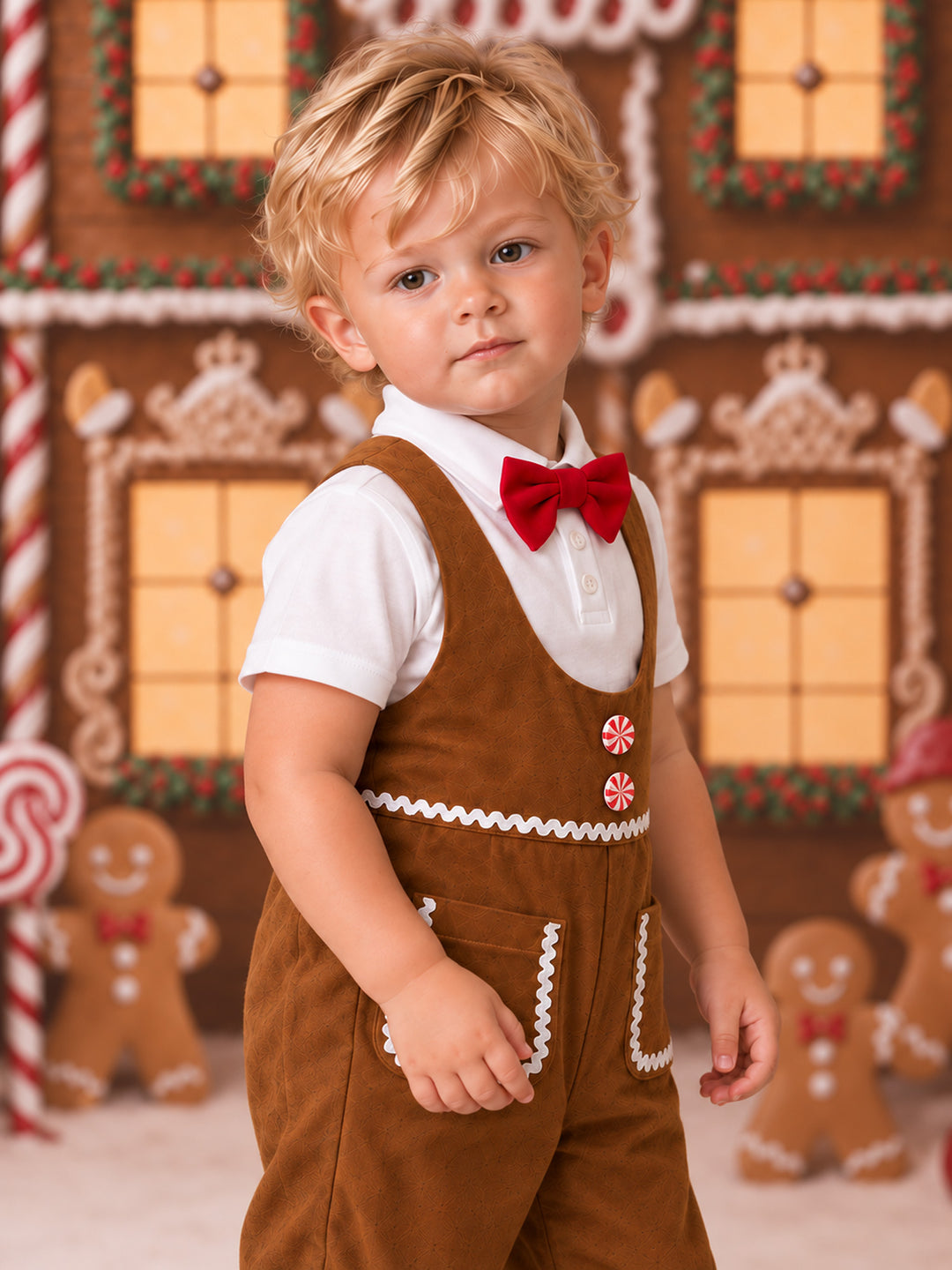 Catch Me If You Can caramel velvet boy overall on a toddler over a short sleeve white polo, close up of the peppermint candy buttons, white ric rac and red velvet bow tie - Before & Ever Kids
