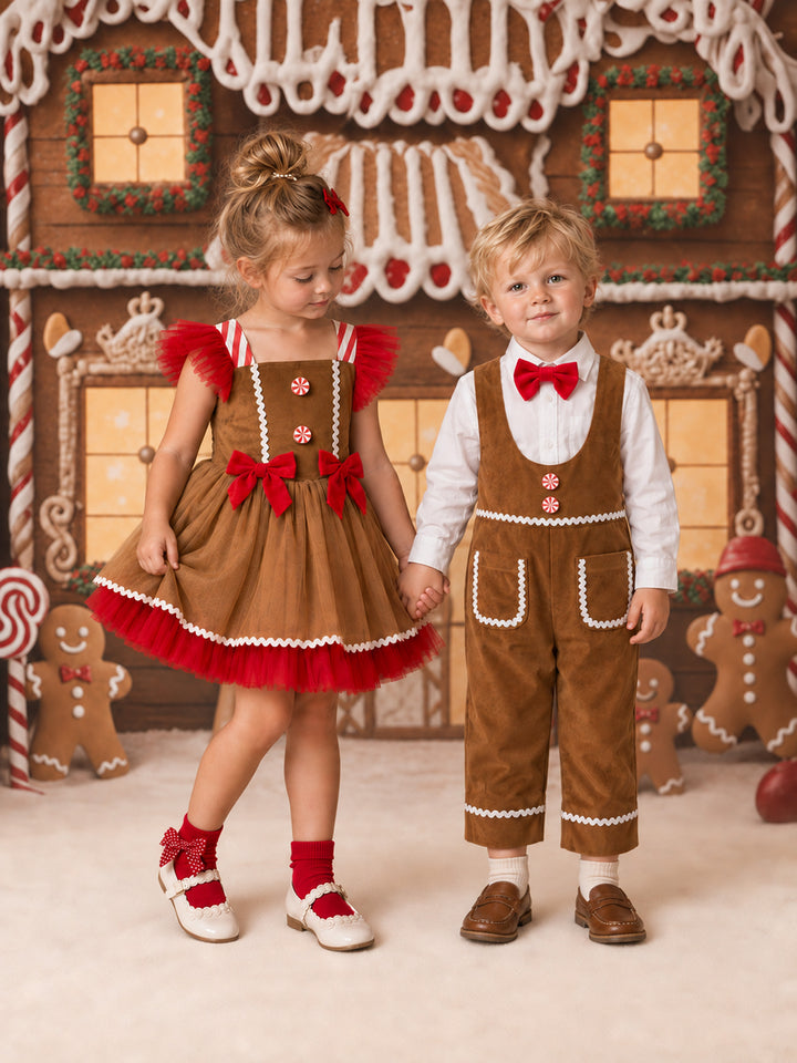Catch Me If You Can caramel velvet boy overall worn by a toddler beside a girl in the matching gingerbread dress - Before & Ever Kids