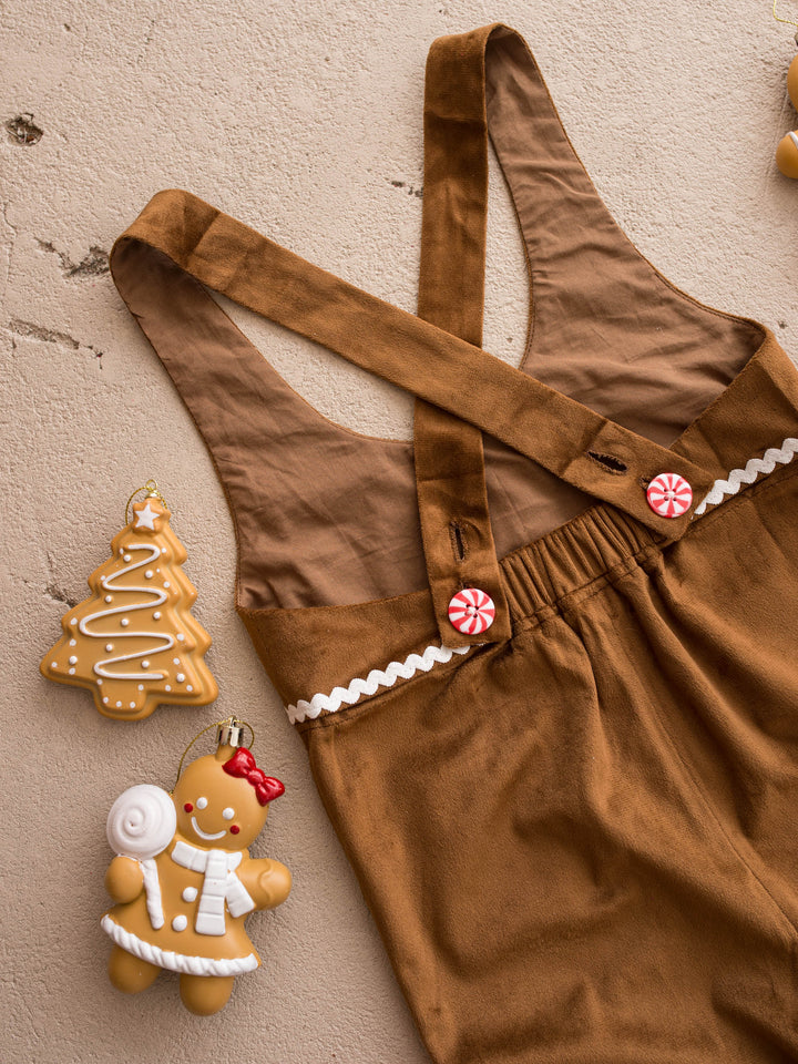 Catch Me If You Can caramel velvet boy overall, close on the crossed back straps and peppermint buttons - Before & Ever Kids