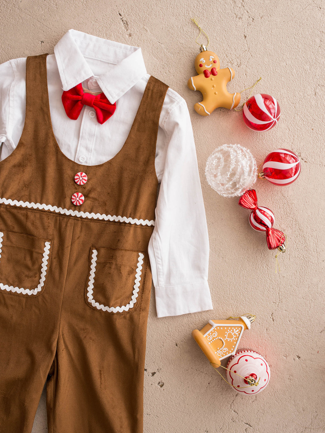Catch Me If You Can caramel velvet boy overall, flat with the shirt, bow tie and candy decorations - Before & Ever Kids