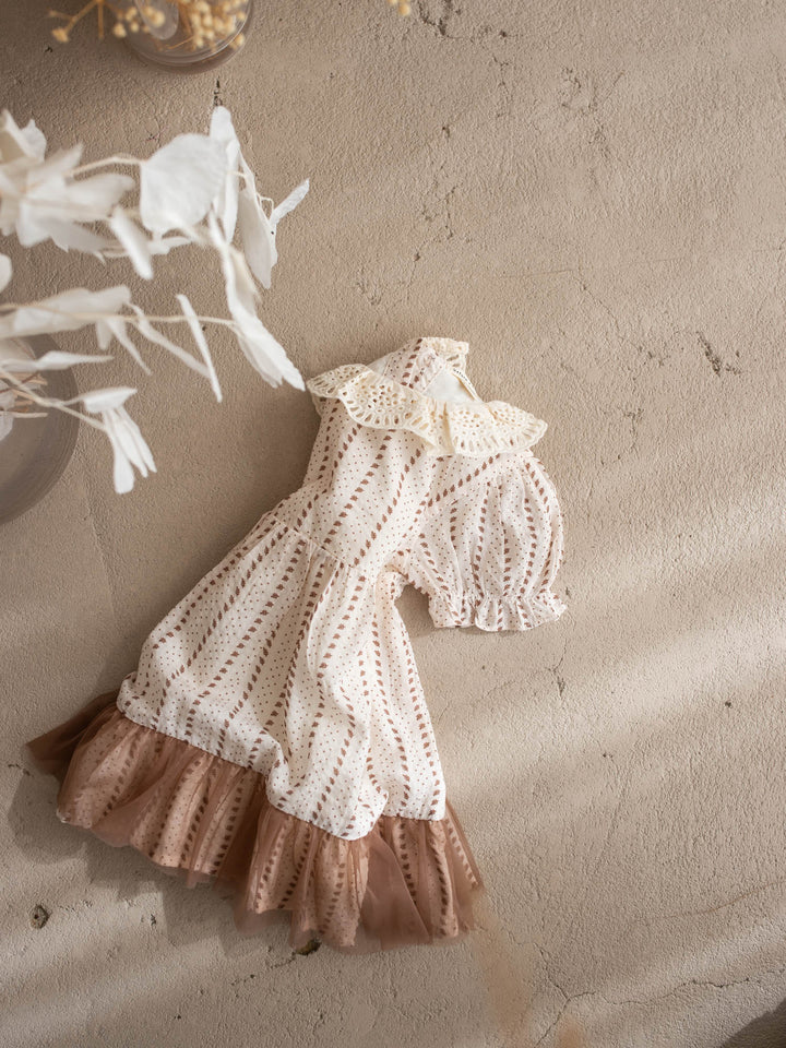 Dainty Miss Coco Belle baby girl ivory floral cotton dress with tulle-trimmed hem and eyelet lace collar - Before & Ever Kids