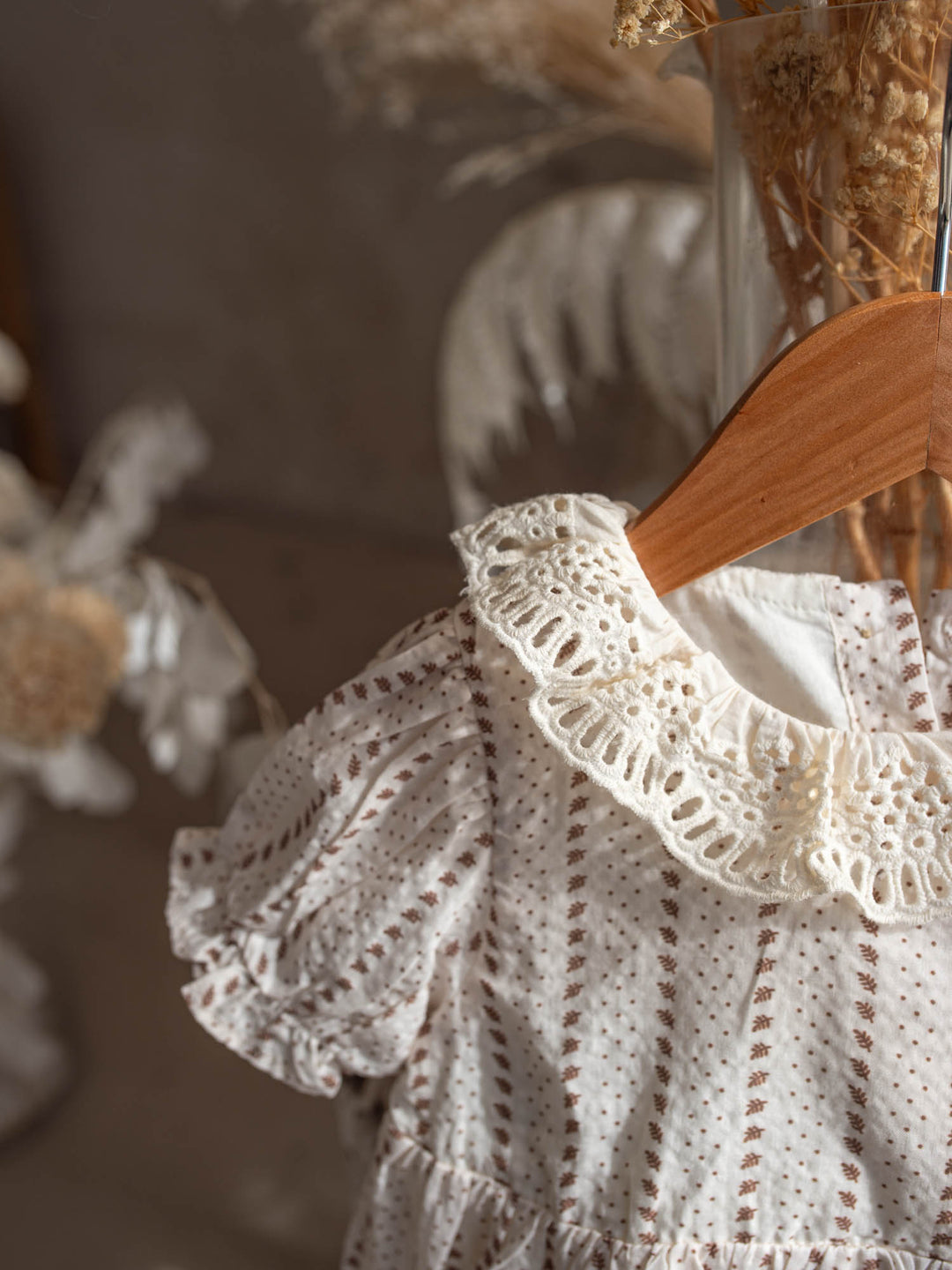 Dainty Miss Coco Belle baby girl ivory floral cotton dress with tulle-trimmed hem and eyelet lace collar - Before & Ever Kids