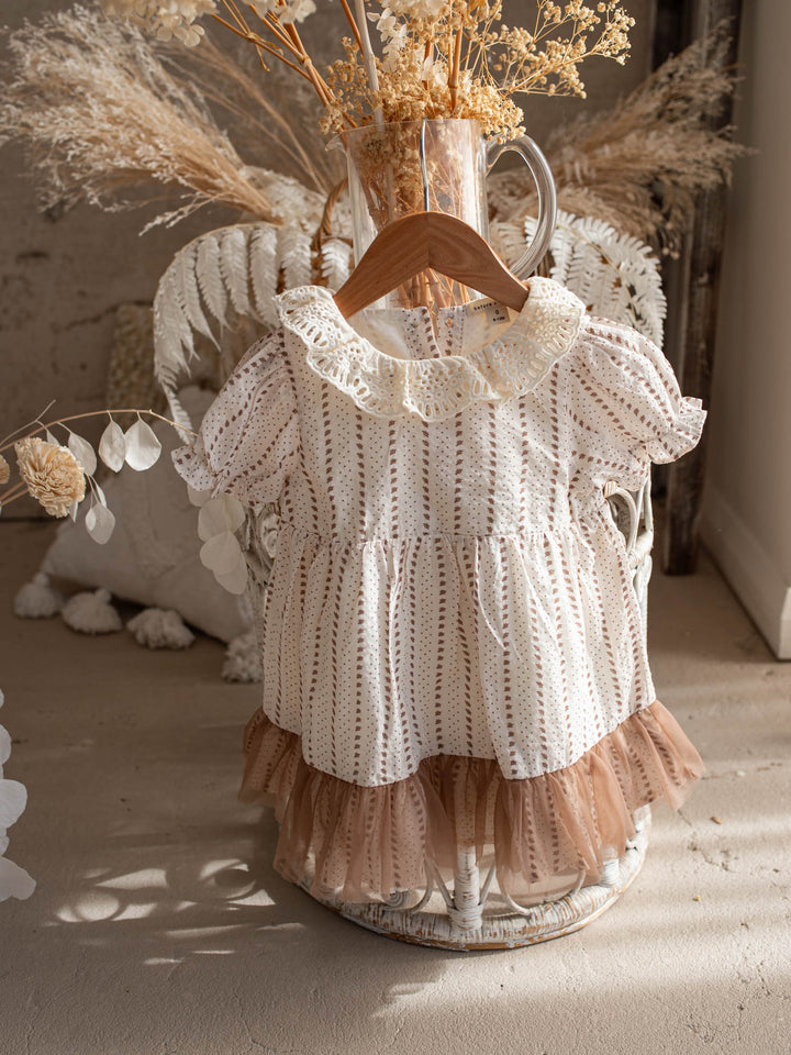 Dainty Miss Coco Belle baby girl ivory floral cotton dress with tulle-trimmed hem and eyelet lace collar - Before & Ever Kids