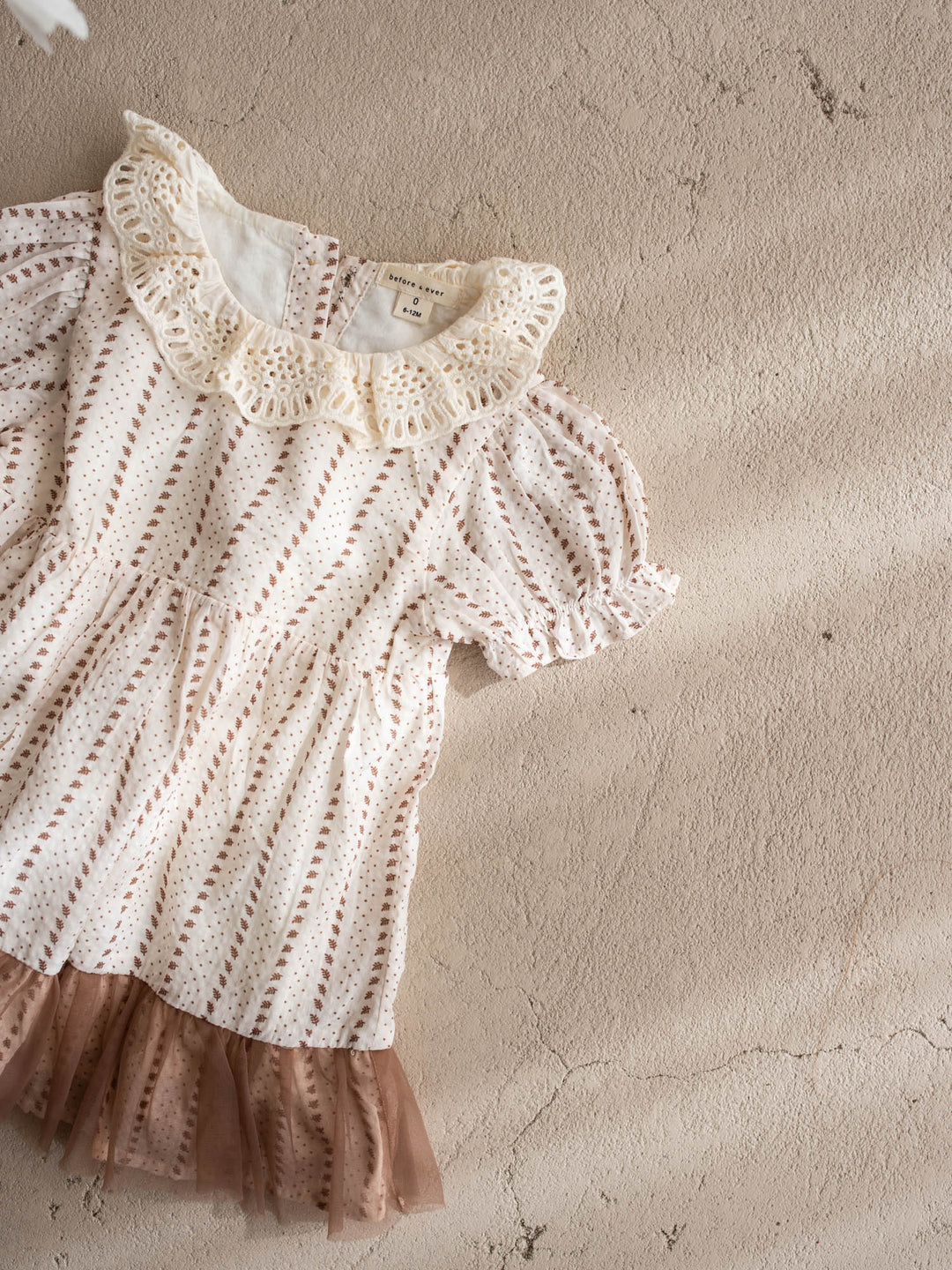 Dainty Miss Coco Belle baby girl ivory floral cotton dress with tulle-trimmed hem and eyelet lace collar - Before & Ever Kids