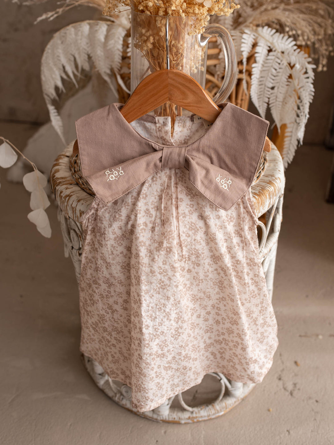 Dainty Miss Hazel Fawn baby girl tan floral cotton dress with oversized embroidered bow collar - Before & Ever Kids
