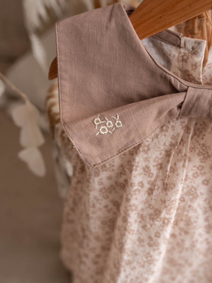Dainty Miss Hazel Fawn baby girl tan floral cotton dress with oversized embroidered bow collar - Before & Ever Kids