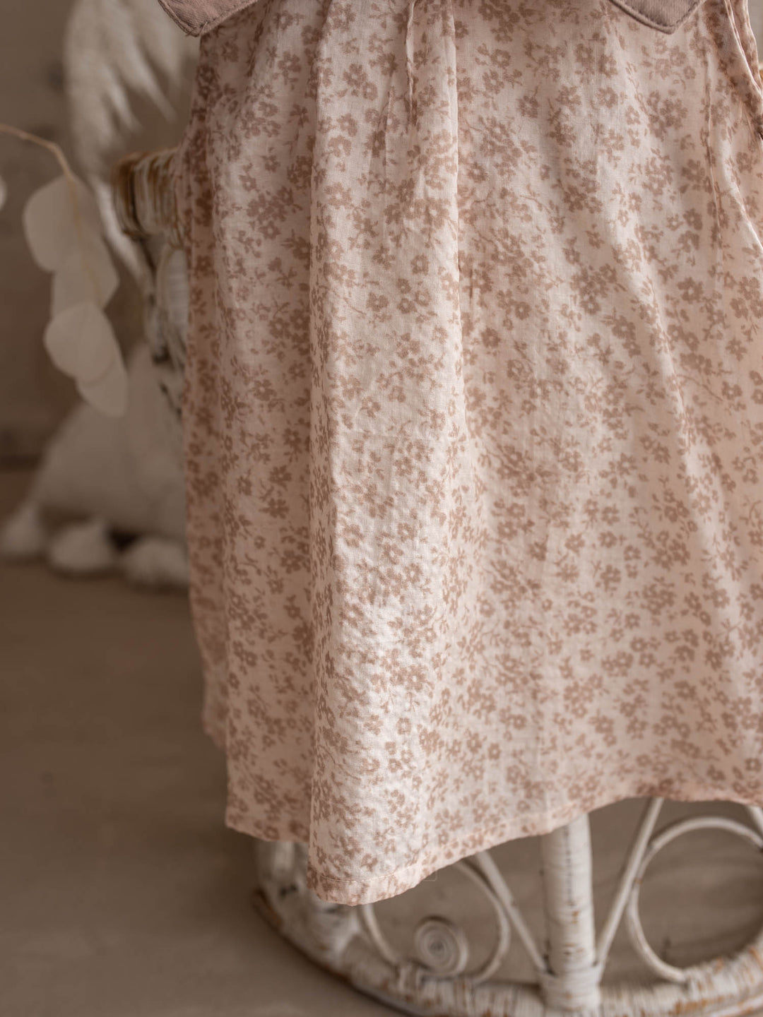 Dainty Miss Hazel Fawn baby girl tan floral cotton dress with oversized embroidered bow collar - Before & Ever Kids