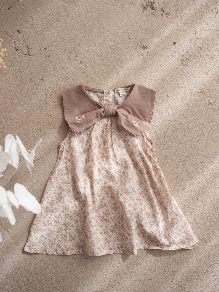 Dainty Miss Hazel Fawn baby girl tan floral cotton dress with oversized embroidered bow collar - Before & Ever Kids