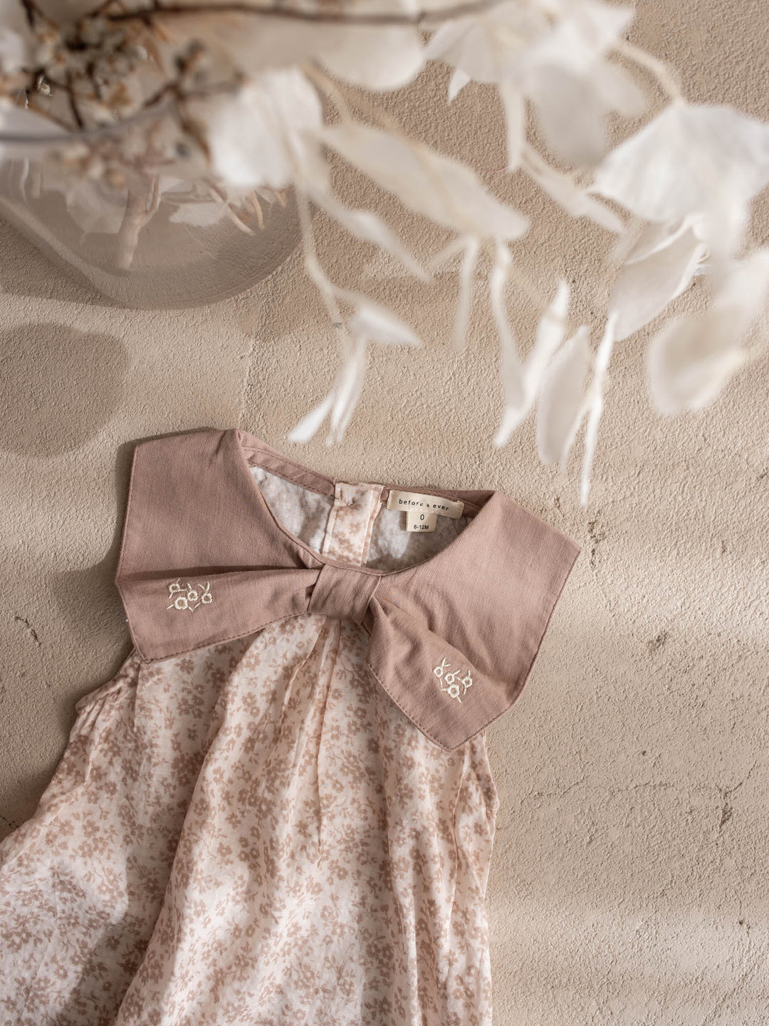 Dainty Miss Hazel Fawn baby girl tan floral cotton dress with oversized embroidered bow collar - Before & Ever Kids