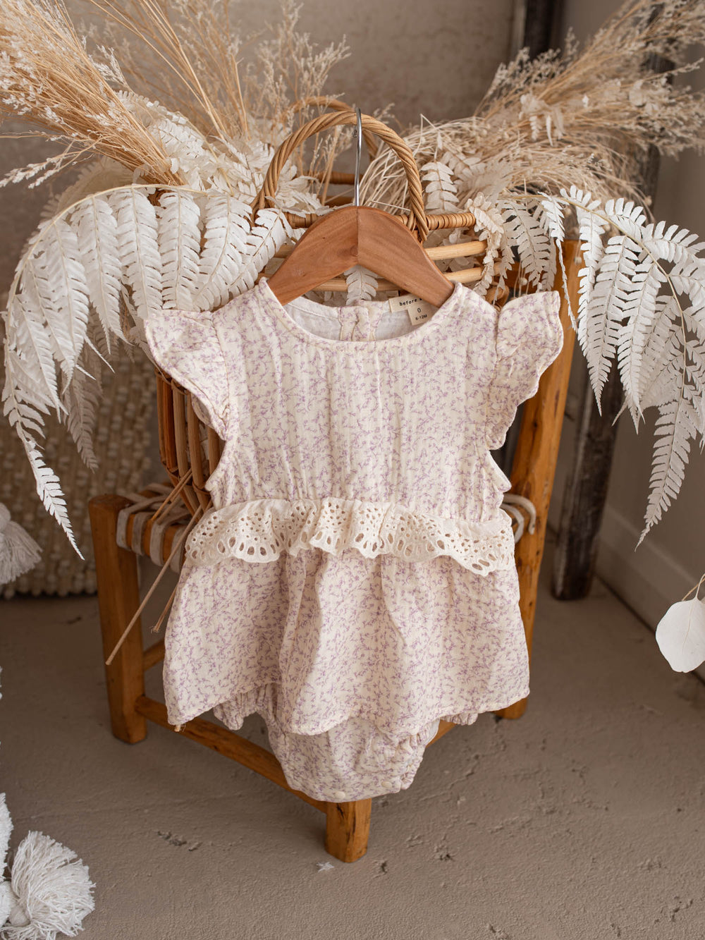 Dainty Miss Lavender Mae baby girl lavender floral cotton gauze romper with eyelet lace ruffle and flutter sleeves - Before & Ever Kids