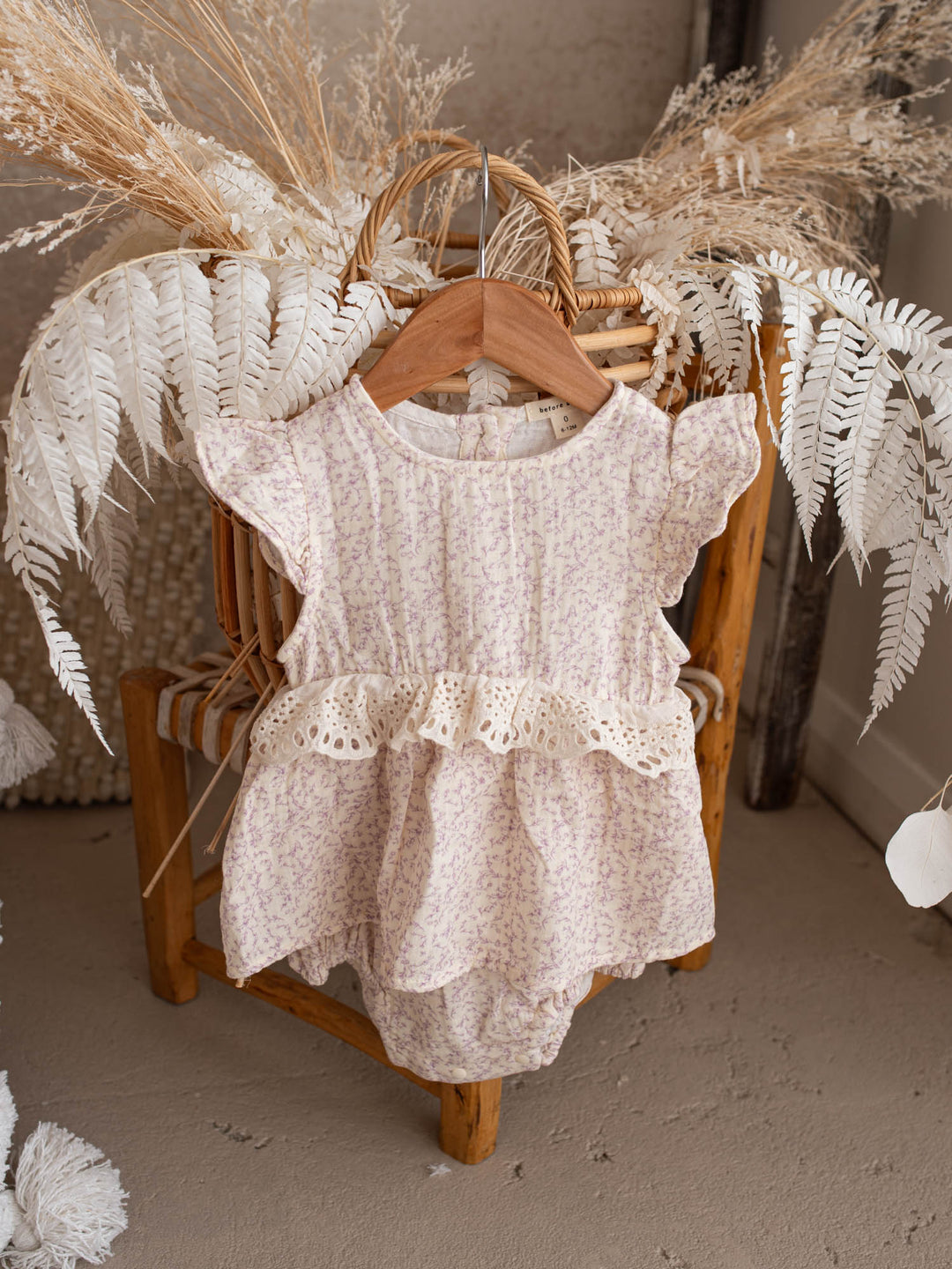 Dainty Miss Lavender Mae baby girl lavender floral cotton gauze romper with eyelet lace ruffle and flutter sleeves - Before & Ever Kids