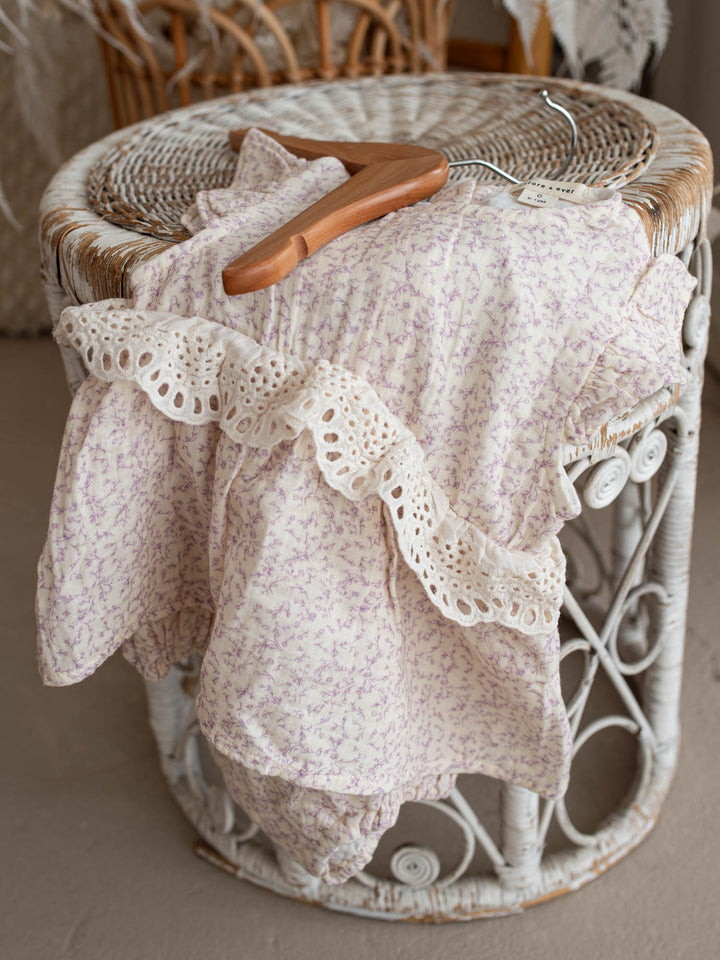 Dainty Miss Lavender Mae baby girl lavender floral cotton gauze romper with eyelet lace ruffle and flutter sleeves - Before & Ever Kids