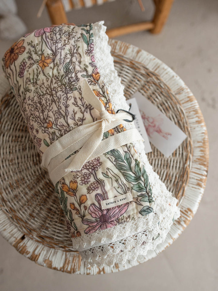 Dainty Miss Lavender Meadow wildflower muslin baby blanket with lace trim - Before & Ever Kids