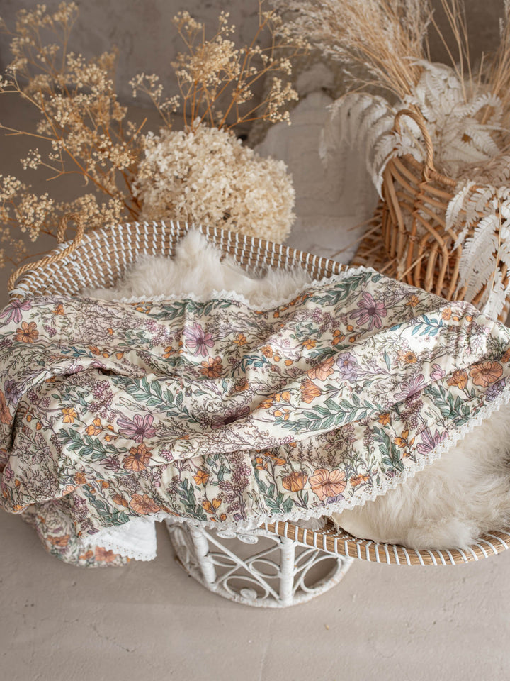 Dainty Miss Lavender Meadow wildflower muslin baby blanket with lace trim - Before & Ever Kids