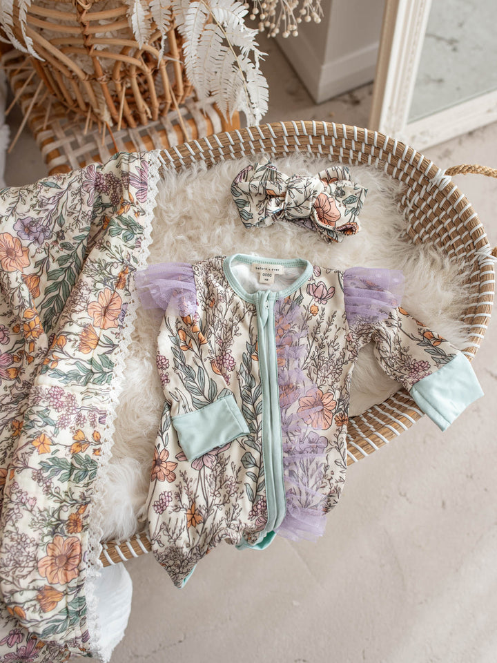 Dainty Miss Lavender Meadow wildflower muslin baby blanket with lace trim - Before & Ever Kids