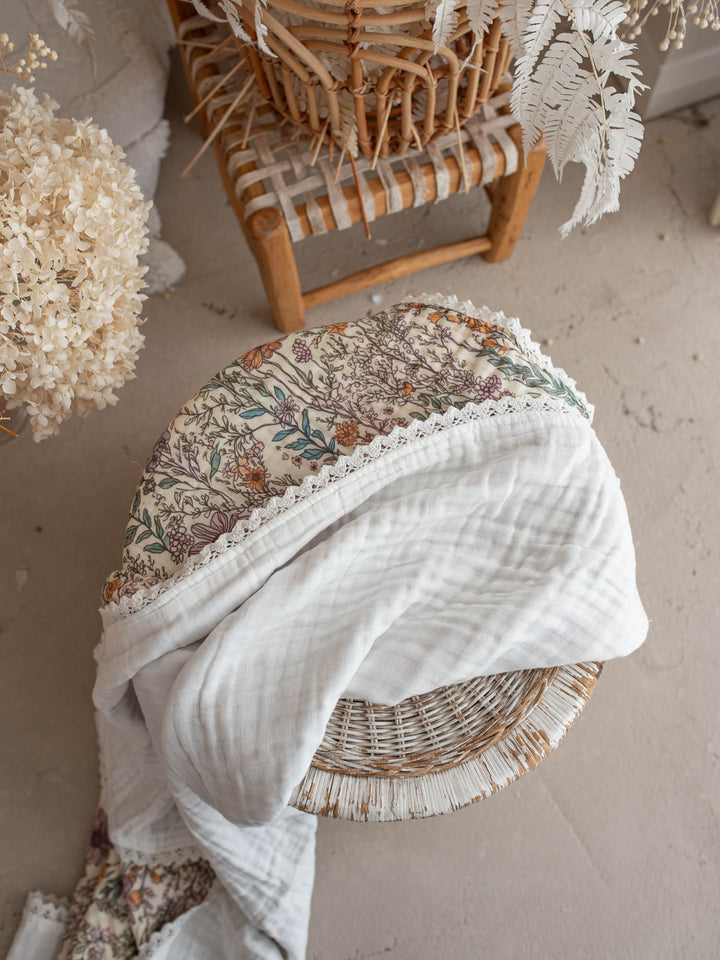 Dainty Miss Lavender Meadow wildflower muslin baby blanket with lace trim - Before & Ever Kids