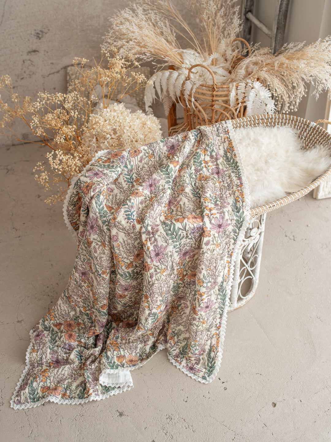 Dainty Miss Lavender Meadow wildflower muslin baby blanket with lace trim - Before & Ever Kids