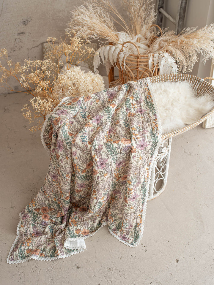 Dainty Miss Lavender Meadow wildflower muslin baby blanket with lace trim - Before & Ever Kids