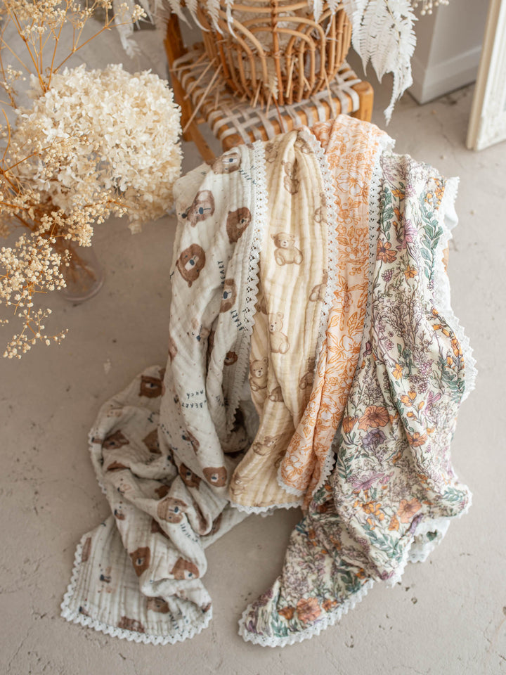 Dainty Miss Lavender Meadow wildflower muslin baby blanket with lace trim - Before & Ever Kids