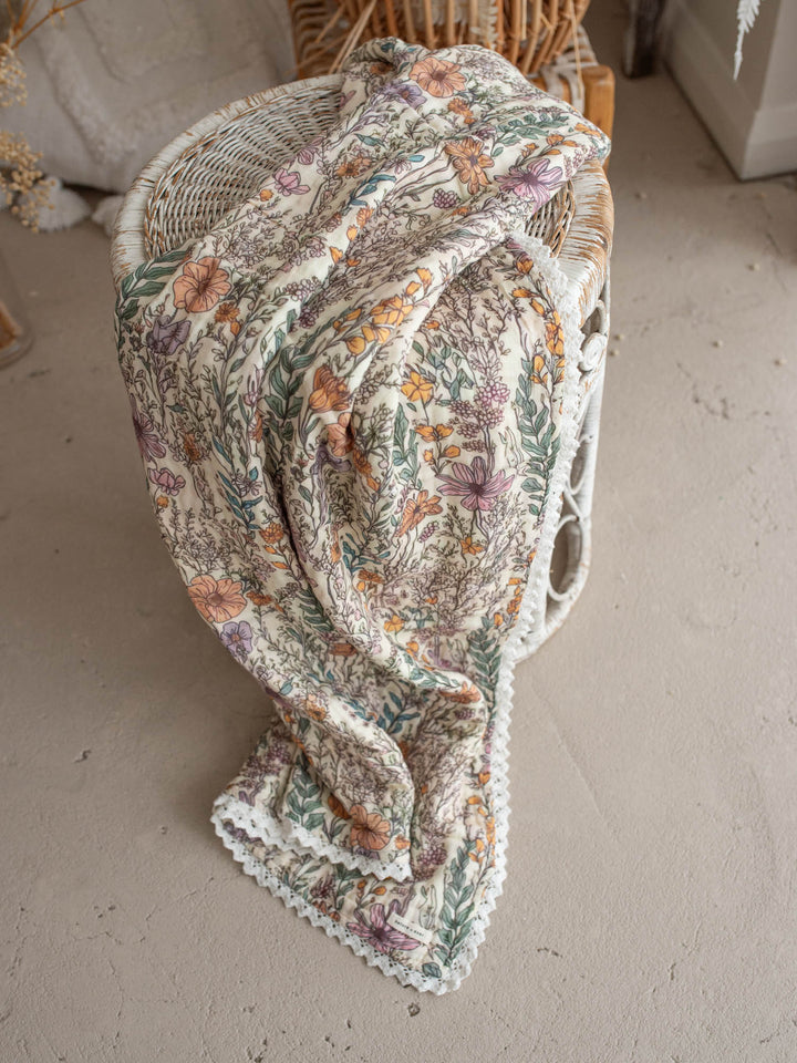 Dainty Miss Lavender Meadow wildflower muslin baby blanket with lace trim - Before & Ever Kids