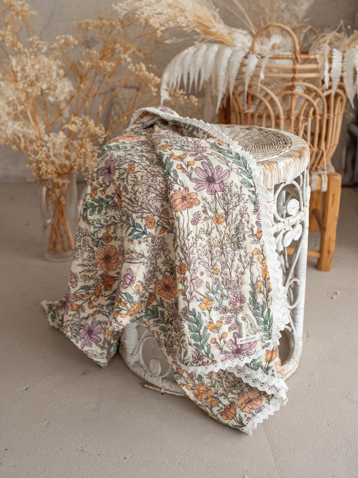 Dainty Miss Lavender Meadow wildflower muslin baby blanket with lace trim - Before & Ever Kids