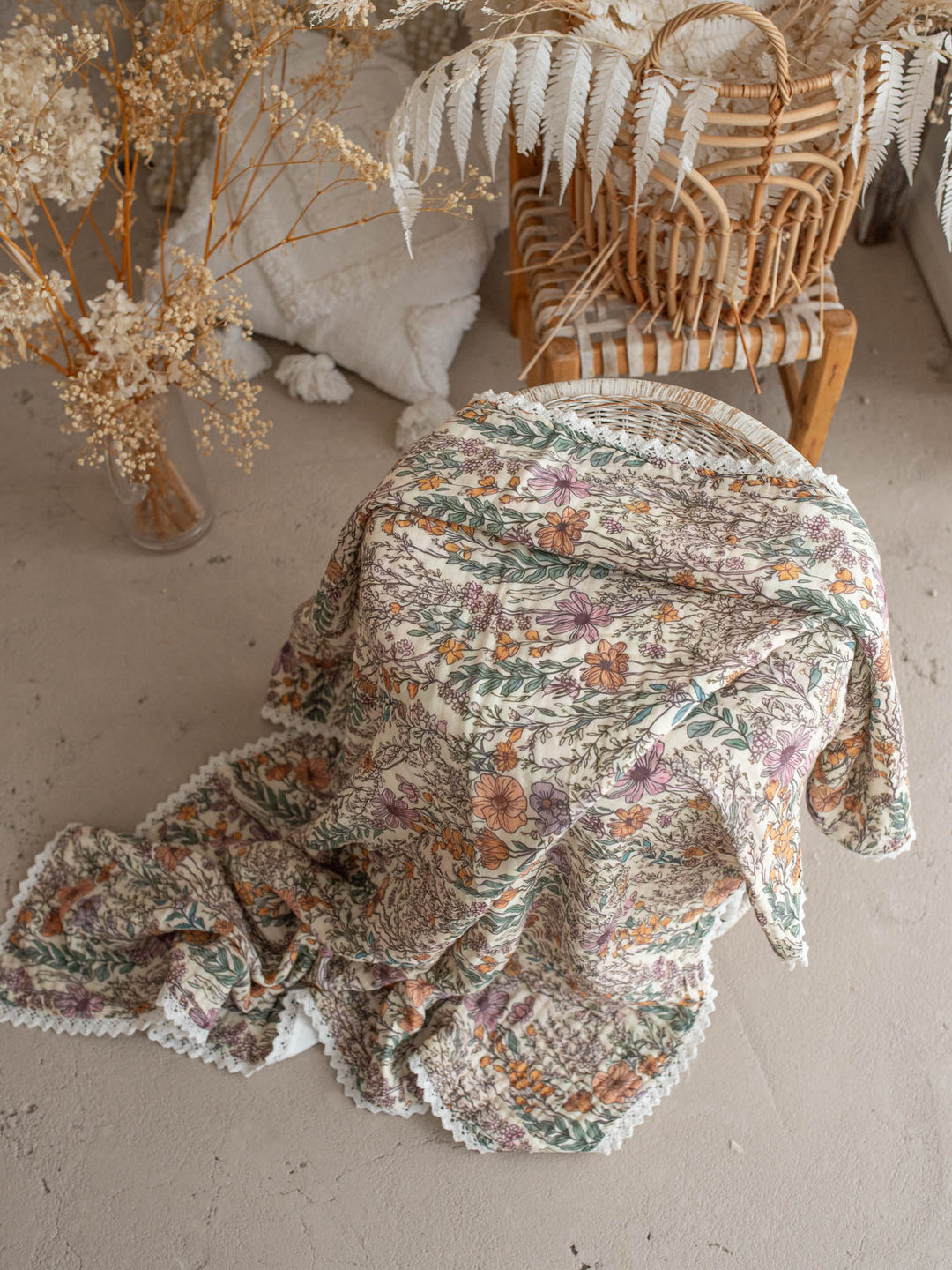 Dainty Miss Lavender Meadow wildflower muslin baby blanket with lace trim - Before & Ever Kids